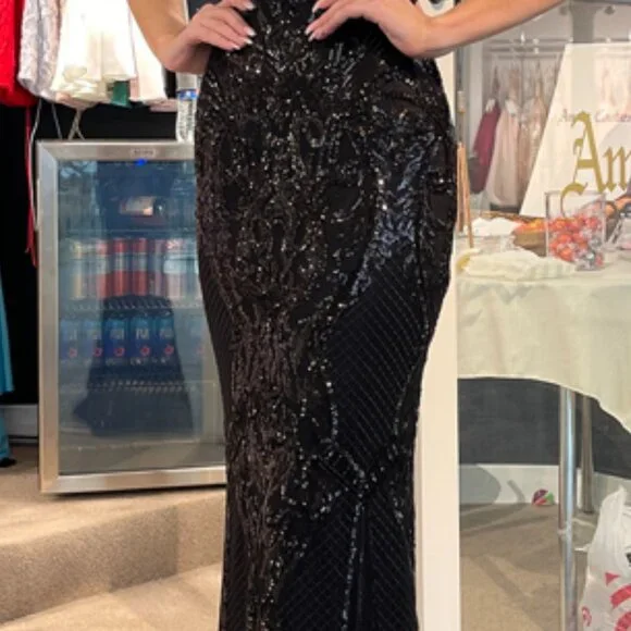 NEW BLACK Spaghetti Strap Sequined Mermaid EVENING FORMAL WEDDING Dress AC791 - Picture 6 of 9